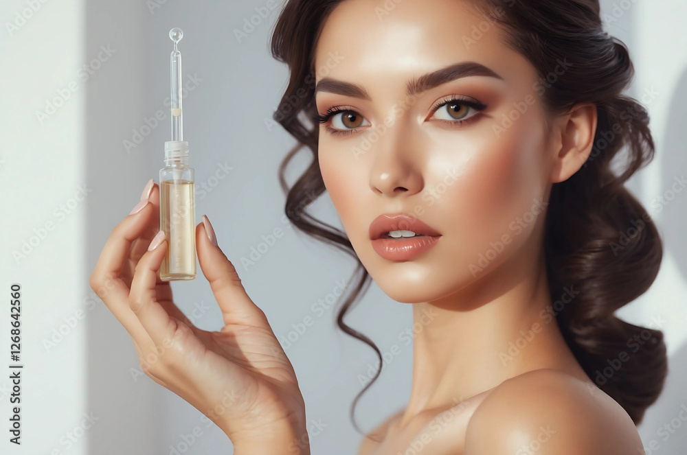 Stunning Woman with Dark Brown Hair and Radiant Skin Holding a Luminous Serum Pipette, Evoking Luxury Skincare