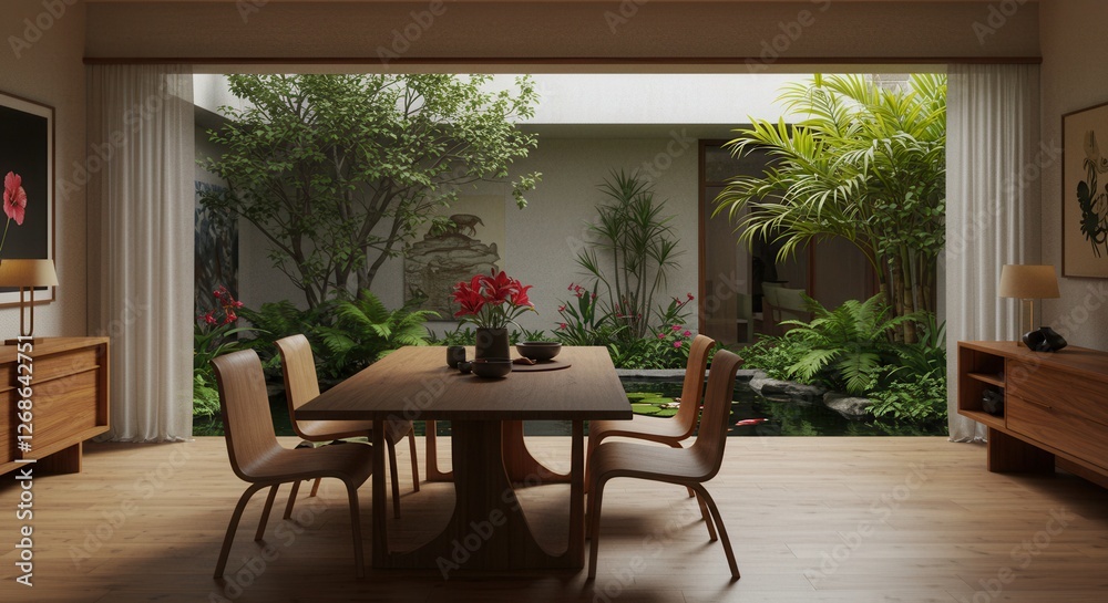 Fototapeta premium Dining Room with Garden View Table Setting and Natural Light