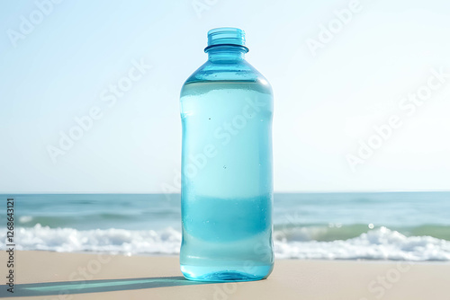 Clear Water Bottle on Sandy Beach with Gentle Ocean Waves Background