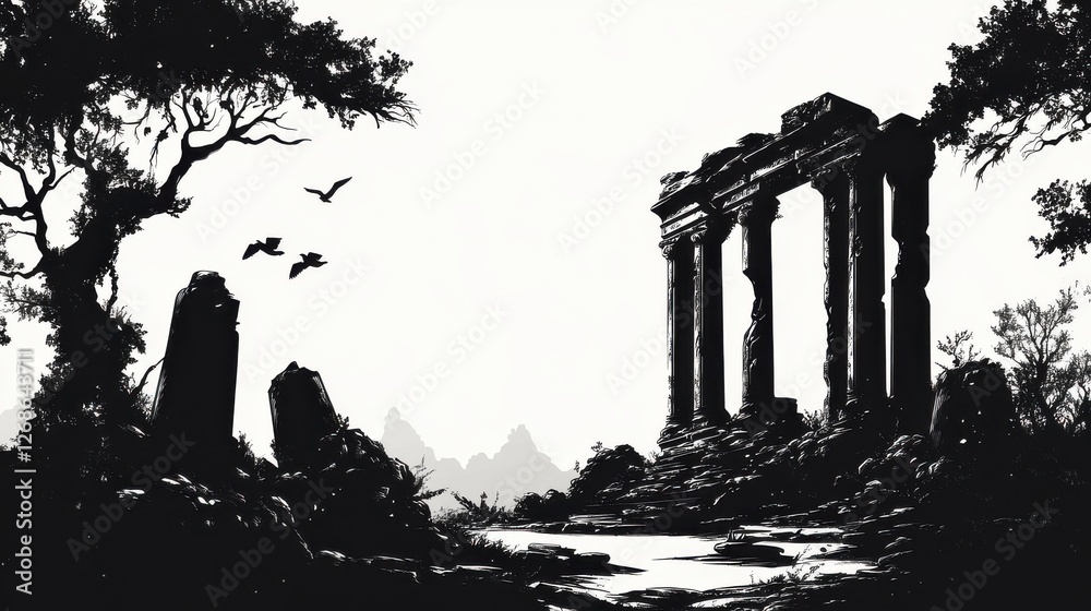 Fototapeta premium Ancient ruins temple location silhouette art monochrome landscape elevated heritage preservation