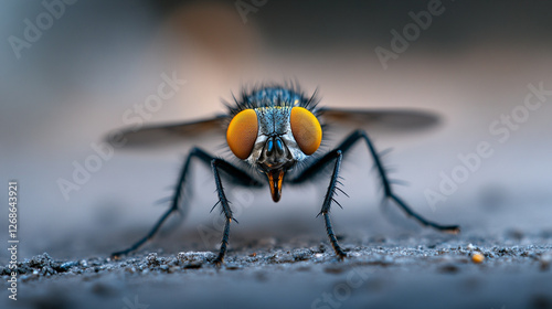 Detailed macro shot of a fly with prominent orange eyes, showcasing its intricate features and structural details on textured surface. photo