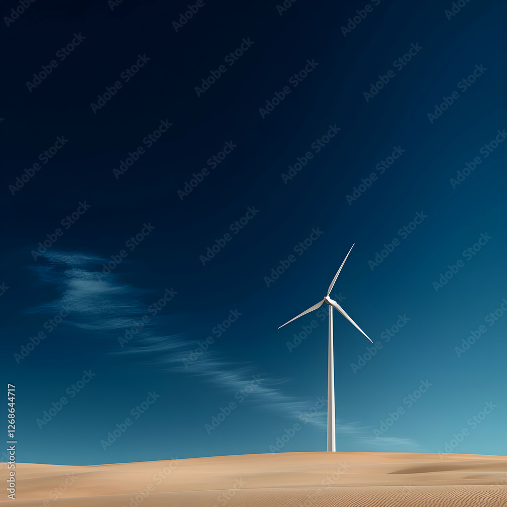 Obraz premium White Wind Turbine in a Desert Under a Vivid Blue Sky