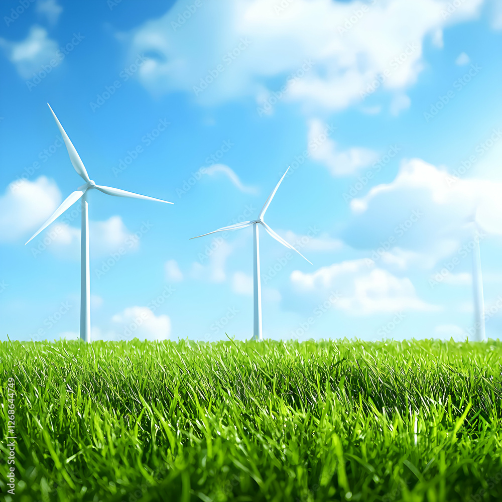 White Wind Turbines in Green Field Under Blue Sky White Wind Turbines in Green Field Under Blue Sky