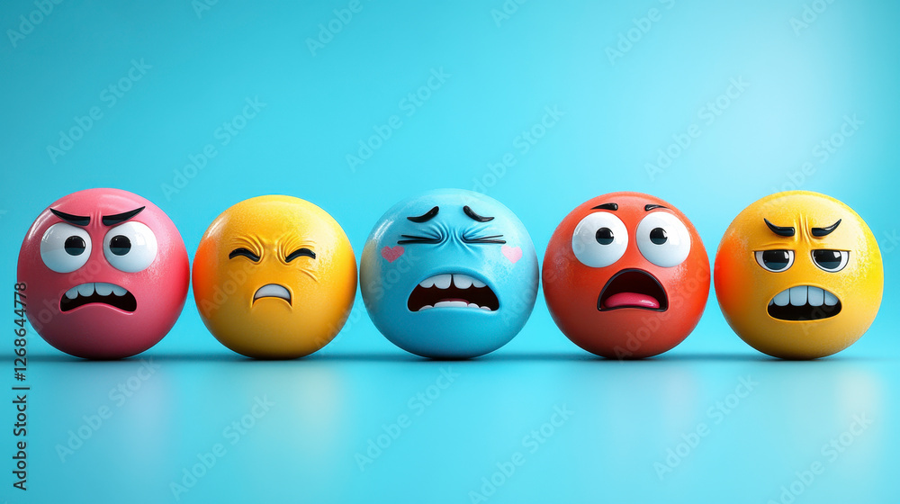 Diverse Row of Expressive Spherical Faces Showcasing a Spectrum of Emotions Diverse Row of Expressive Spherical Faces Showcasing a Spectrum of Emotions