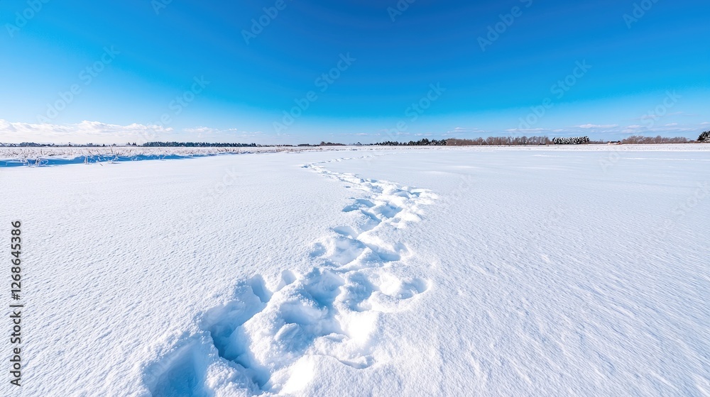 Winter footprints leading across snowy field, clear sky Winter footprints leading across snowy field, clear sky