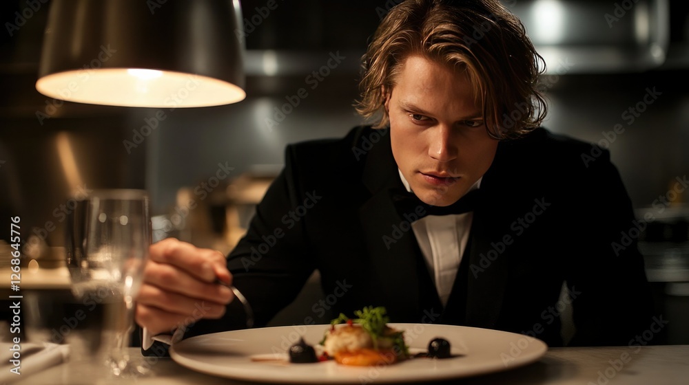 A plate of gourmet food being garnished in a Michelin-starred restaurant kitchen, with a focus on the artistry of the dish A plate of gourmet food being garnished in a Michelin-starred restaurant kitchen, with a focus on the artistry of the dish