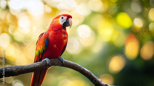 Vivid scarlet macaw perched on a branch, a splash of color against a soft, bokeh-filled background.  Beautiful vibrant bird image. photo