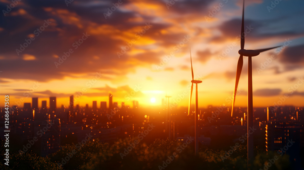 Obraz premium Wind Turbines Silhouette at Sunset Over City Skyline
