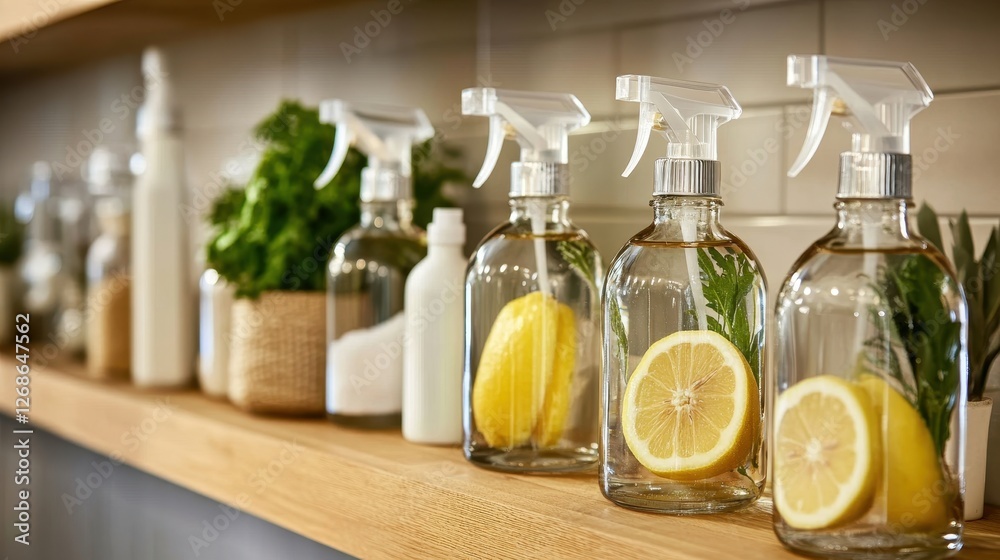 Clear glass bottles filled with lemon slices and fresh herbs on wooden shelf in kitchen setting Clear glass bottles filled with lemon slices and fresh herbs on wooden shelf in kitchen setting