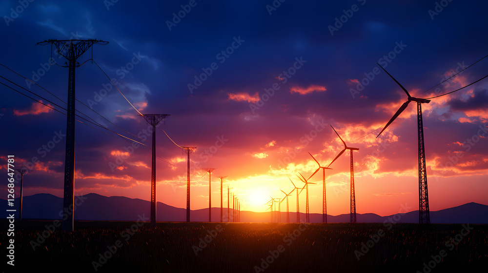 Fototapeta premium Wind Turbines Silhouetted Against Vibrant Sunset
