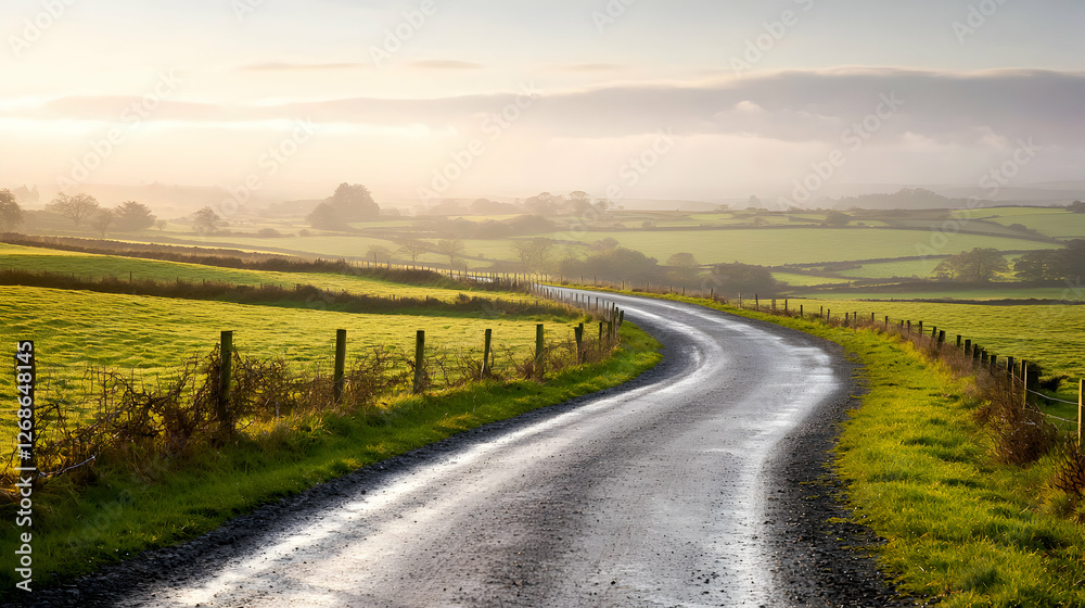 Naklejka premium Winding Country Road Through Green Fields at Sunrise
