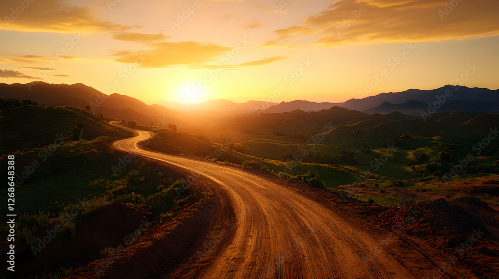 Fototapeta premium Winding Dirt Road Through Desert Mountains at Sunset