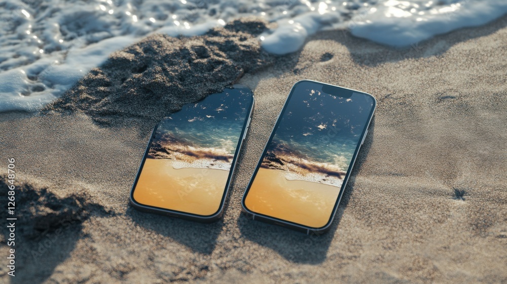 two smartphones on sandy beach two smartphones on sandy beach