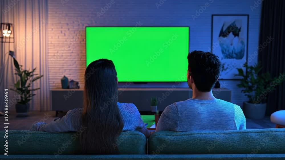 Couple Watching Green Screen TV: A couple relaxes on a cozy couch in a dimly lit living room, engrossed in watching a large television screen displaying a vibrant green background.
