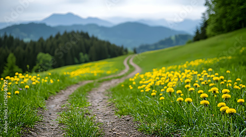 Winding Path Through Dandelion Field and Mountain Scenery