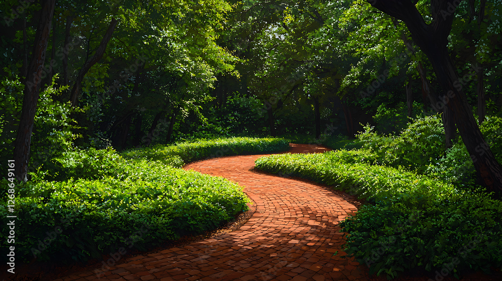 Naklejka premium Winding Path Through Lush Green Garden