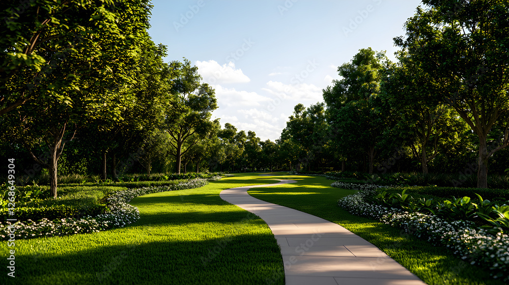 Fototapeta premium Winding Path Through Lush Green Park Under Summer Sunlight