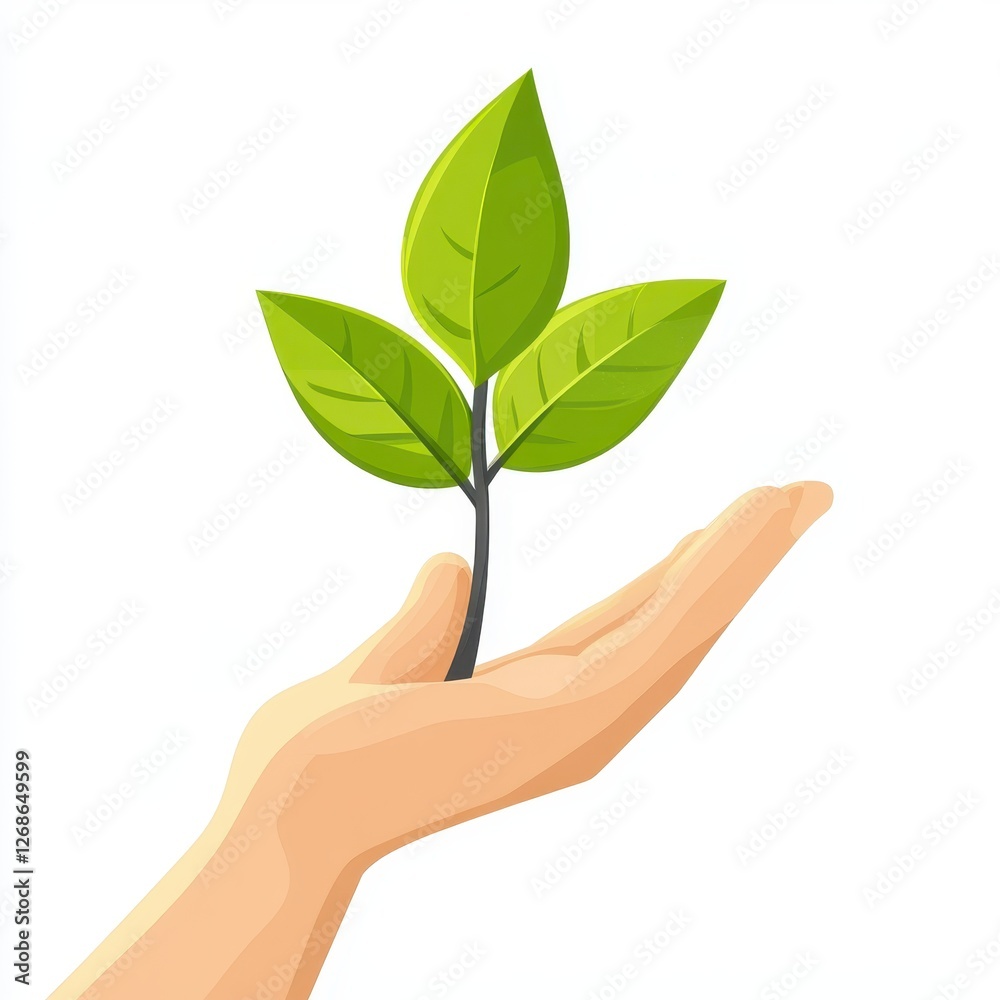 Hand holding small green plant with vector eco responsibility icon in flat design isolated on white background Hand holding small green plant with vector eco responsibility icon in flat design isolated on white background