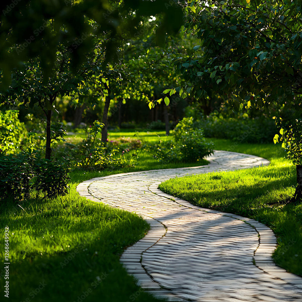Fototapeta premium Winding Stone Path Through Lush Green Garden