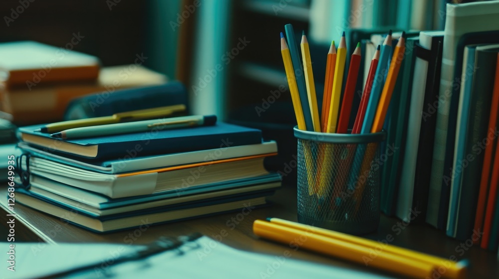 An organized desk featuring a stack of textbooks, colorful pens, and erasers, ready for a productive school day An organized desk featuring a stack of textbooks, colorful pens, and erasers, ready for a productive school day