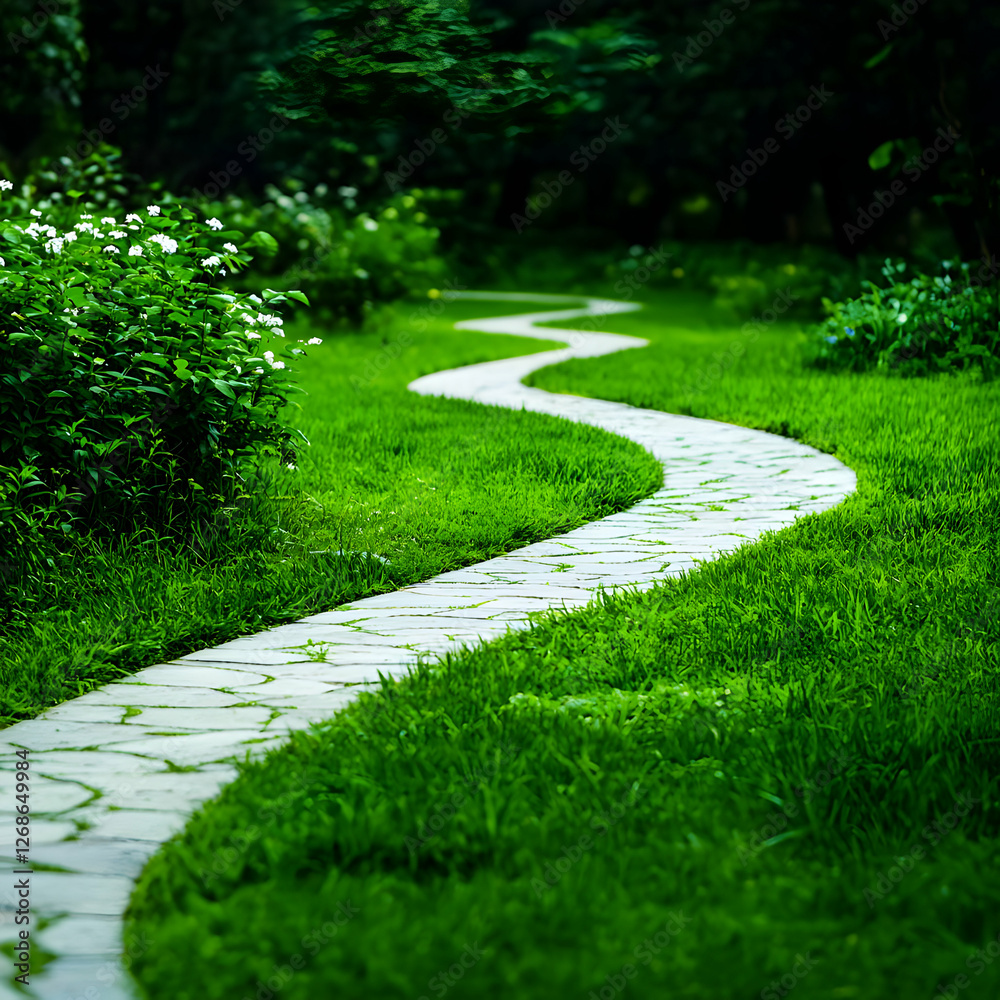 Fototapeta premium Winding Stone Path Through Lush Green Garden