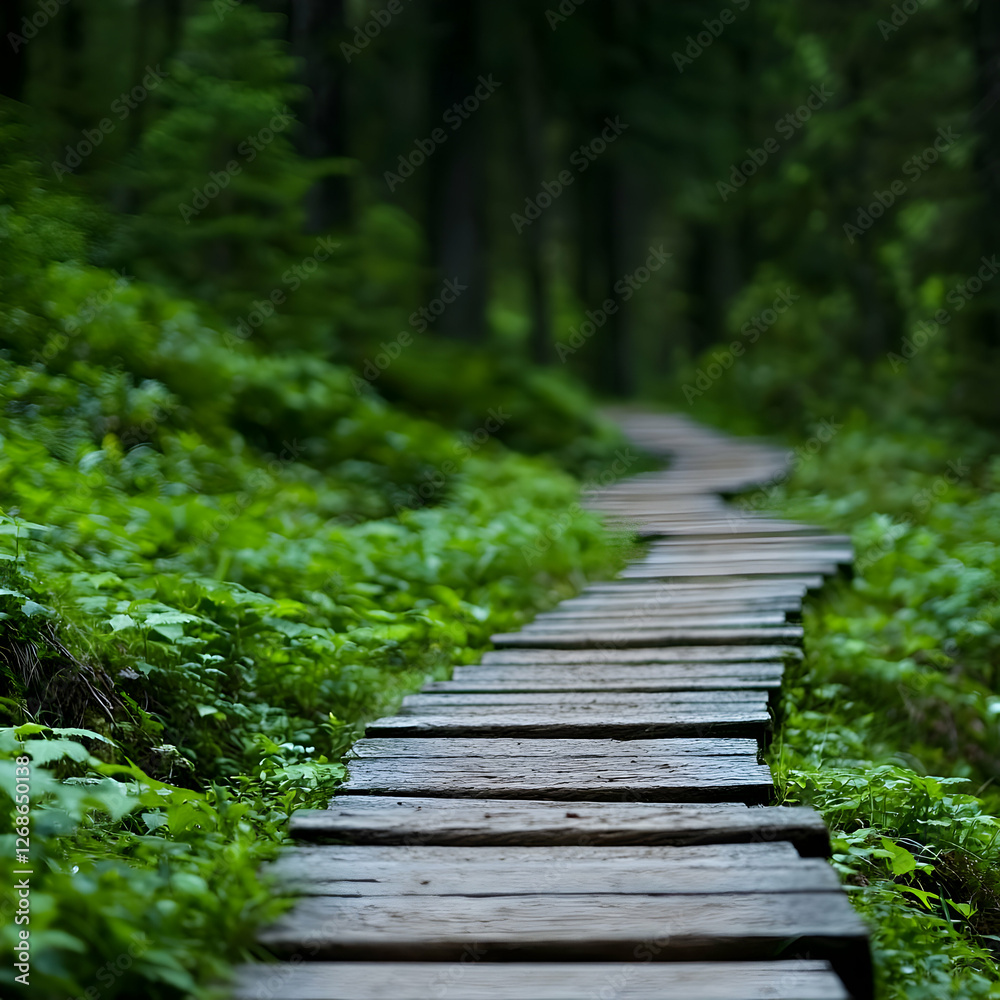 Winding Wooden Path Through Lush Green Forest Winding Wooden Path Through Lush Green Forest
