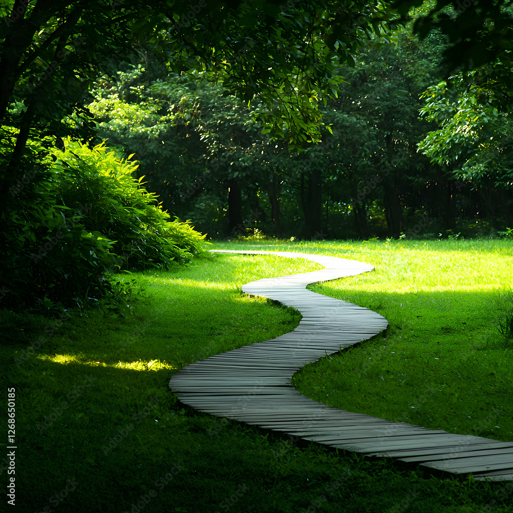 Fototapeta premium Winding Wooden Path Through Lush Green Summer Forest