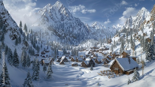 Snowy Mountain Village Winter Wonderland Scene