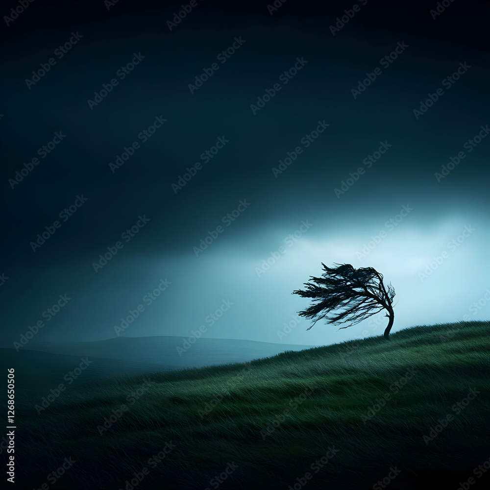 Obraz premium Windswept Tree on a Dark Hillside