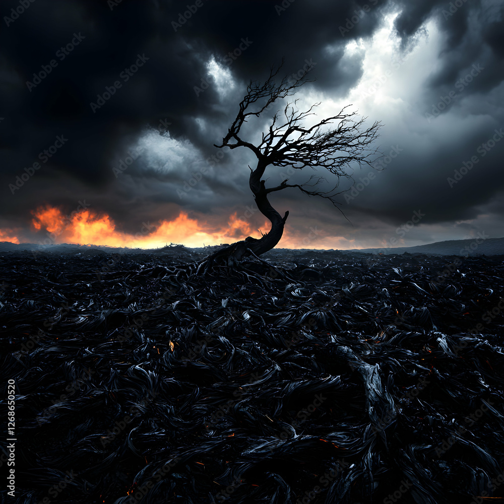 Fototapeta premium Windswept Tree in Fiery Landscape Under Dark Stormy Sky