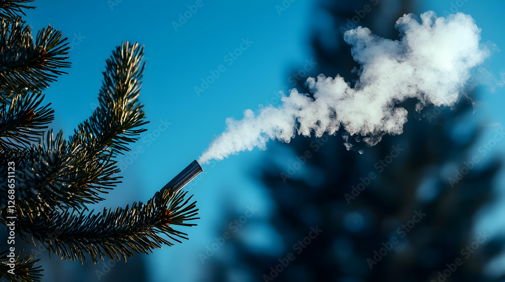 Naklejka premium Winter Smoke Rising From a Pine Branch