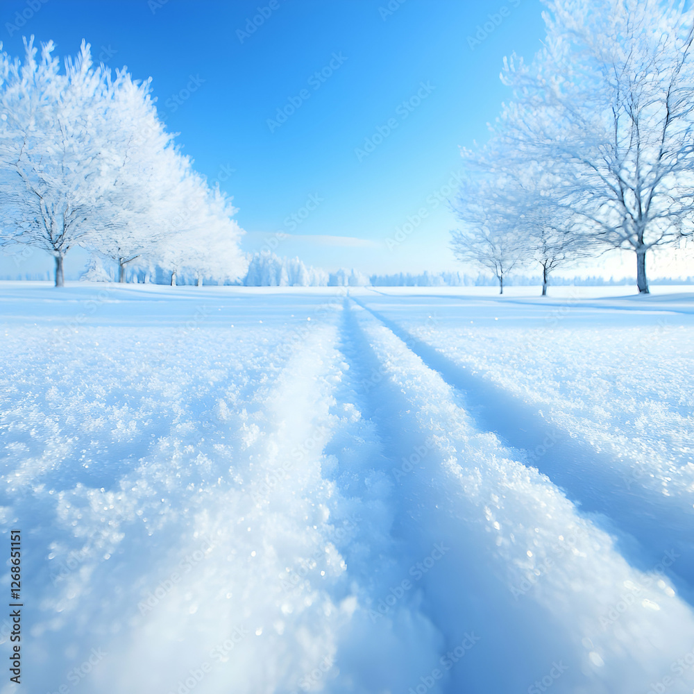 Fototapeta premium Winter Snow Landscape with Frosty Trees and Tracks