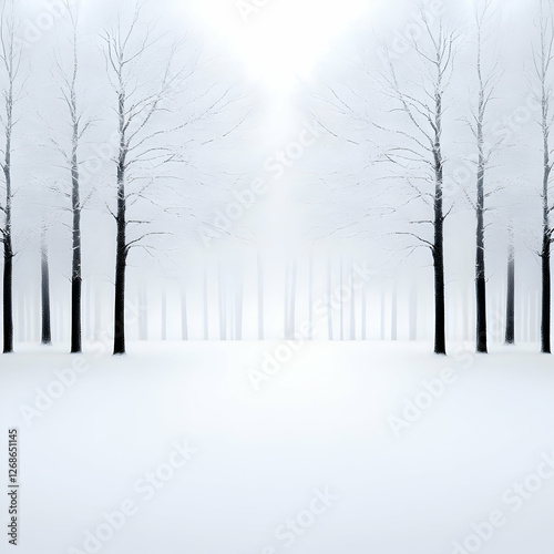 Winter Snow Forest Landscape, White Trees and Fog
