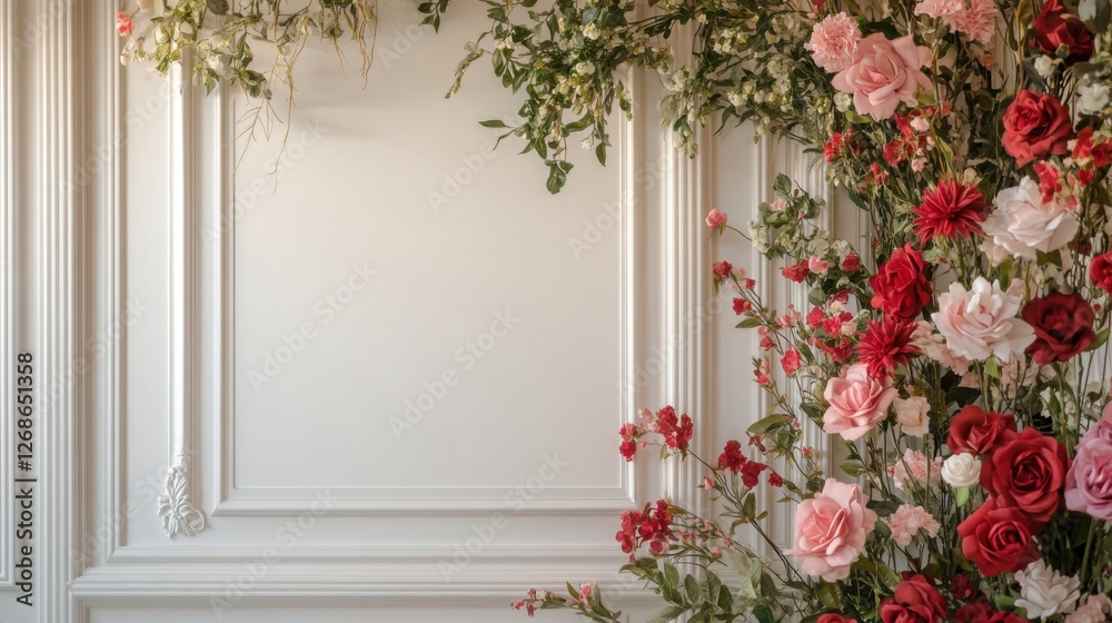 Naklejka premium romantic floral arrangement against white paneled wall
