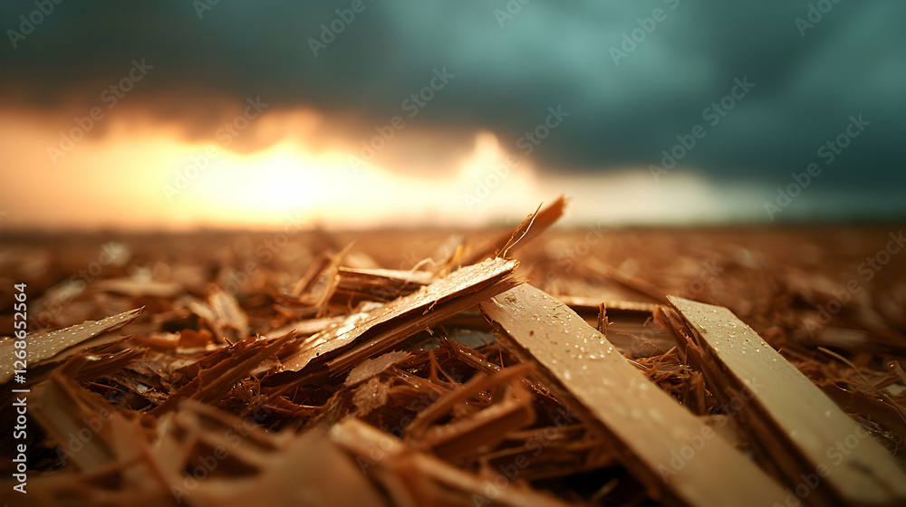 Fototapeta premium Wood Chips Scattered on Field at Sunset Under Stormy Sky
