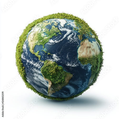 Realistic isolated green earth with grass growing on top on a white background for environmental themes