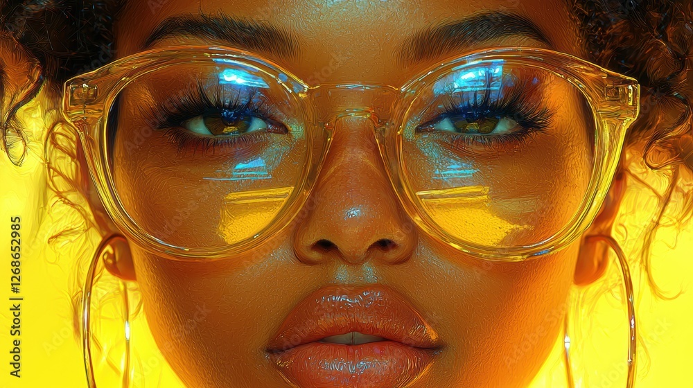 Close-up portrait of a woman with stylish glasses and glowing background. Close-up portrait of a woman with stylish glasses and glowing background.