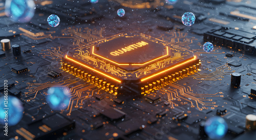 Futuristic Quantum Processor on Circuit Board with Glowing Neon Lights