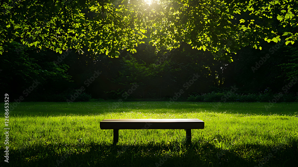 Fototapeta premium Wooden Bench in Sunlit Green Park