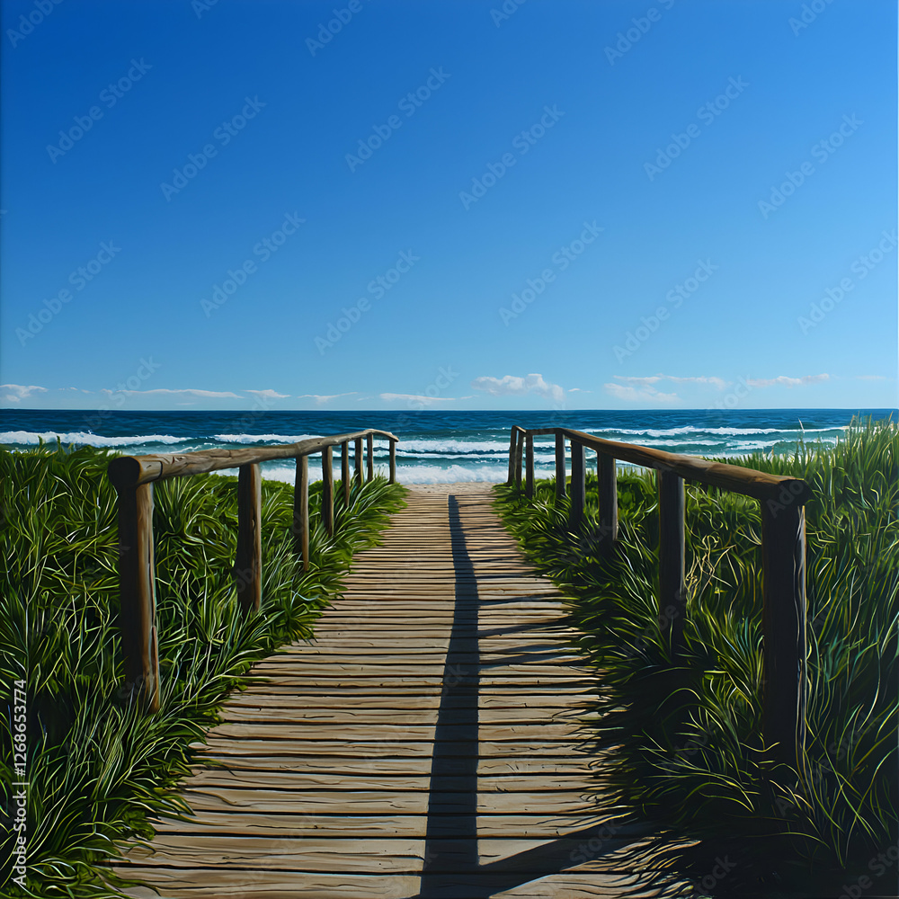 Obraz premium Wooden Boardwalk Leading to a Sandy Beach and Blue Ocean