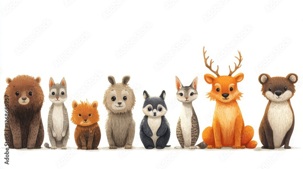 Fototapeta premium Row of Varied Wild Animals Pixel Art Style on White Background Illustration