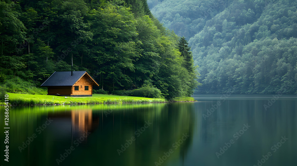 Fototapeta premium Wooden Cabin by a Tranquil Lake in a Lush Forest