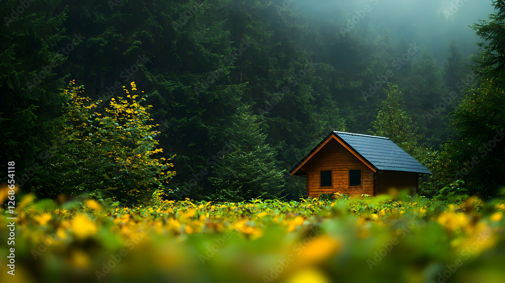 Fototapeta premium Wooden Cabin in a Foggy Forest Meadow