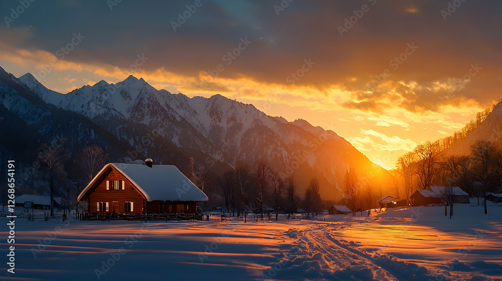 Wooden Cabin in Snowy Mountain Valley at Sunset Wooden Cabin in Snowy Mountain Valley at Sunset