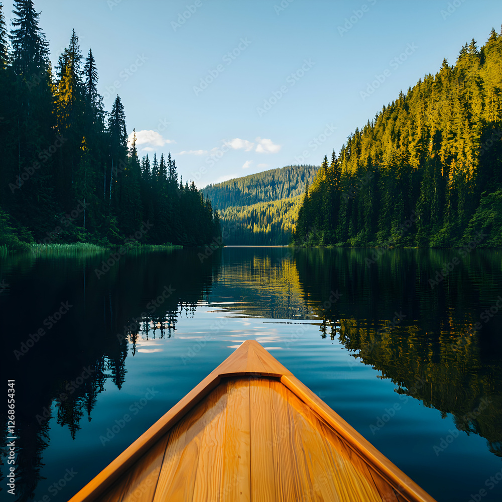 Obraz premium Wooden Canoe on Calm Mountain Lake