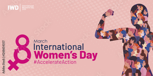 International Womens Day 8 March 2025 Campaign Banner with Women in Different Ethnicity Show Strong Gesture Arm to Symbolize Acceleration and Action. IWD 2025 #AccelerateAction Campaign Banner. 