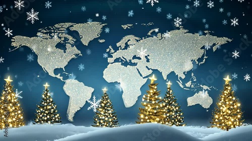 Vibrant holiday landscape featuring glittering world map and decorated Christmas trees against a snowy backdrop