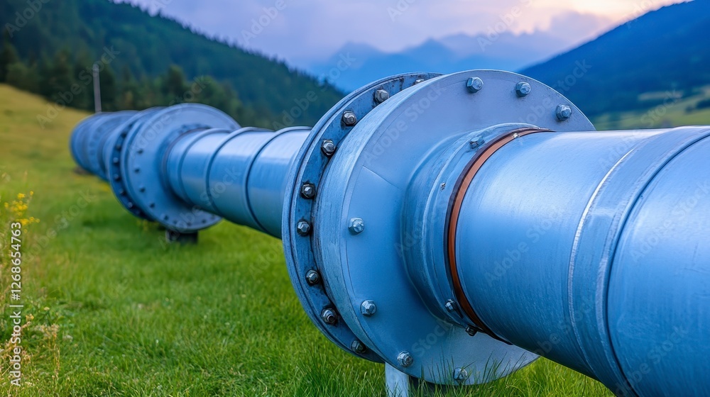 A long light blue metal pipeline runs through a grassy field, with mountains in the background under a partly cloudy sky. The pipeline is the central A long light blue metal pipeline runs through a grassy field, with mountains in the background under a partly cloudy sky. The pipeline is the central