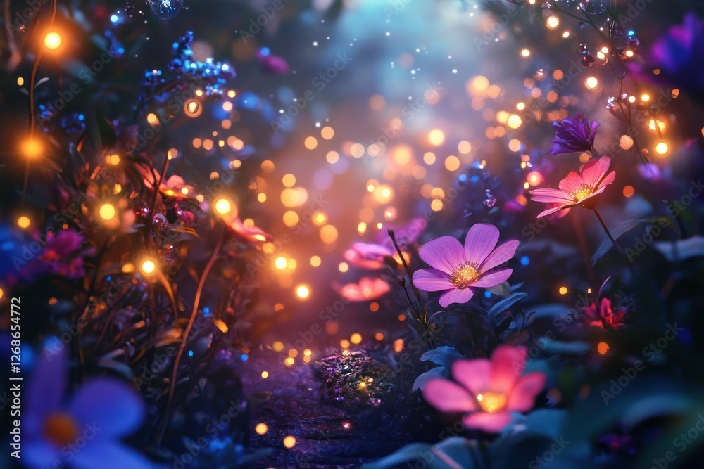 A glowing magical garden with vibrant flowers and sparkling fairy lights A glowing magical garden with vibrant flowers and sparkling fairy lights