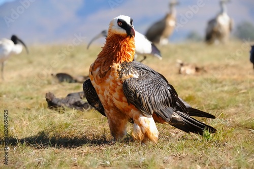 BEARDED VULTURE (Gypaetus barbatus) .  highly endangered . at a safe feeding site in the drakensberg, 